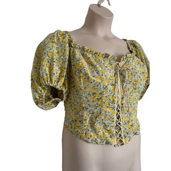 ASTR Womens Floral Smocked Top Medium Yellow Puff Sleeve Cropped Boning NWT - Picture 7 of 12